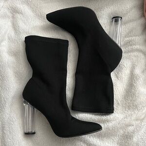 Fashion Nova Black Heeled Boots with Clear Accents